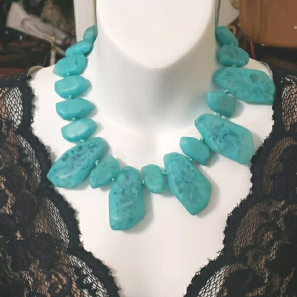 Chicos? chunky bold tourqoius acrylic flat stone necklace knotted Marbled Big - Picture 4 of 9